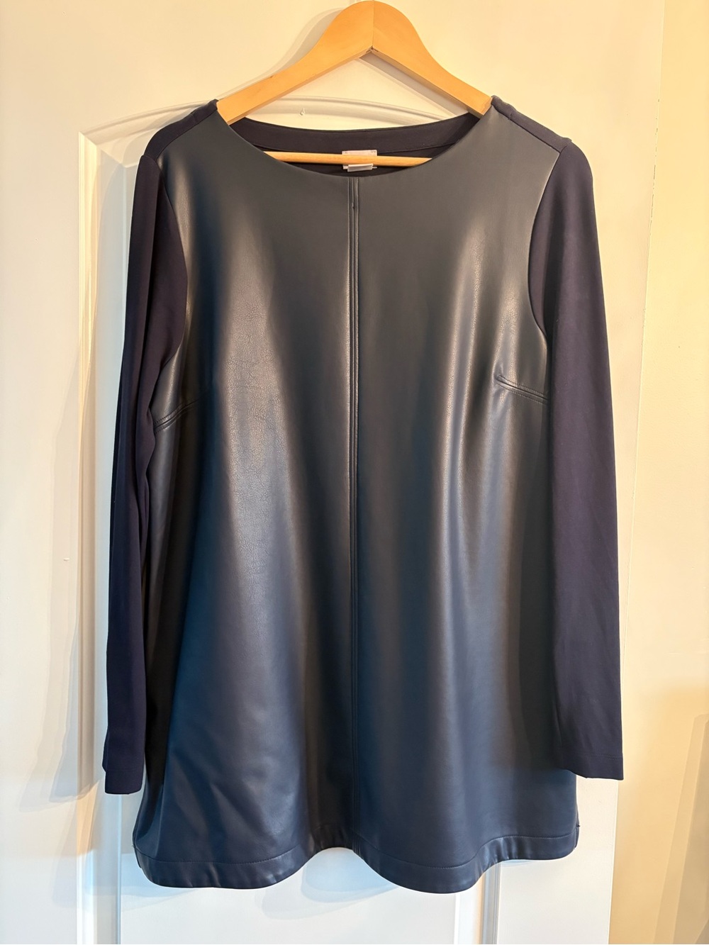 Faux Leather Front Tunic Top in Navy